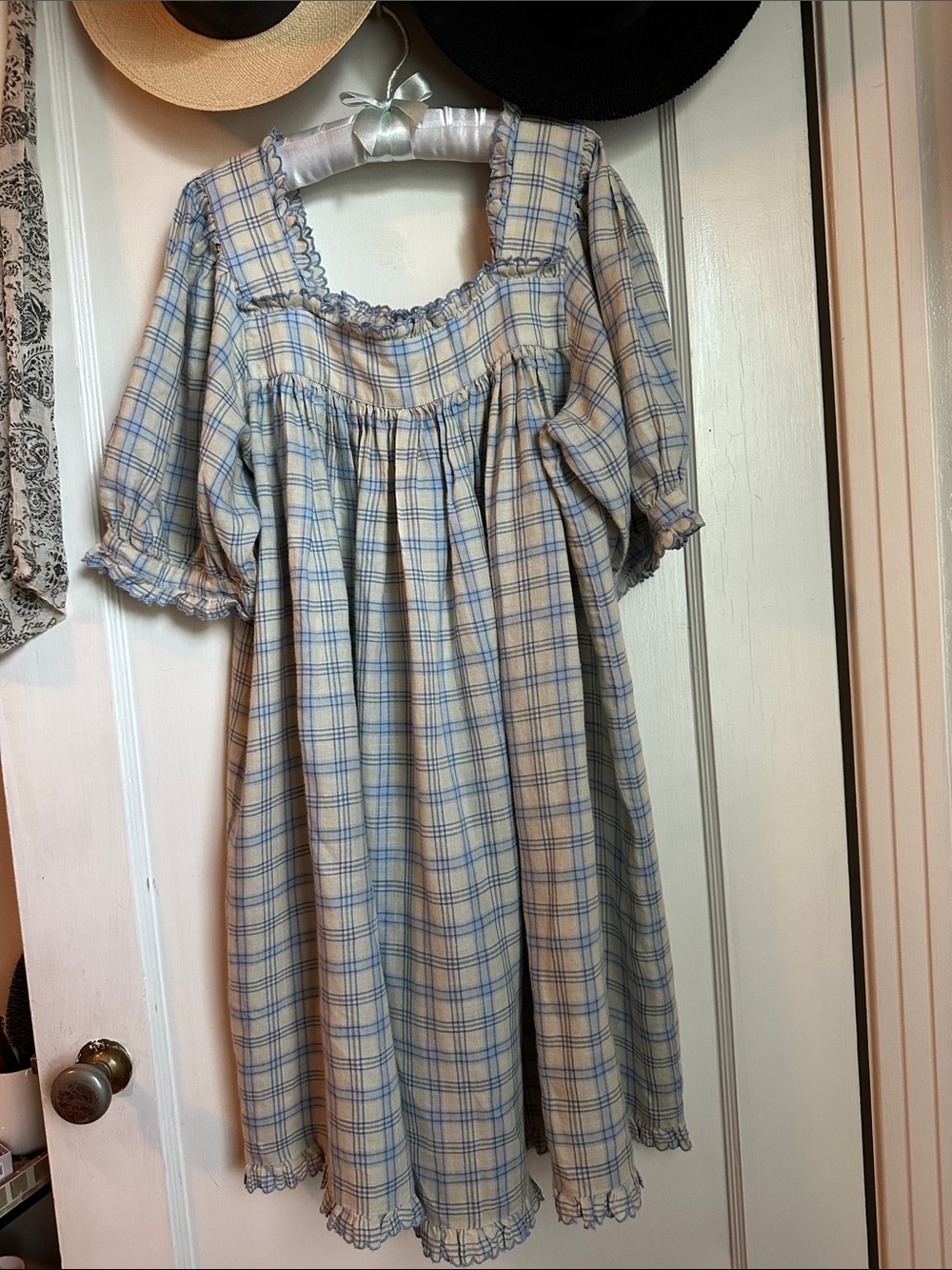 Doen Cream and Light Blue Plaid Smocked Babydoll Dress